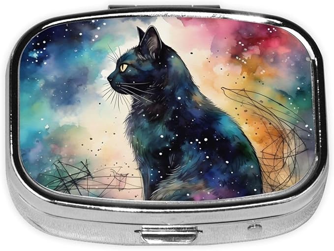 Art Black Cat Pill Box with Mirror 2 Compartment Metal Square Small Pill Case for Purse Pocket Portable Pill Container Holder Travel Medicine Organizer for Vitamin Fish Oil Supplement