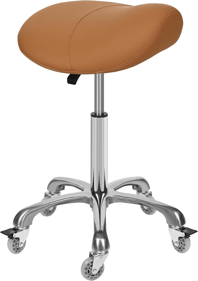 Ergonomic Saddle Stool with Wheels Rolling Chair Professional Saddle Chair Heavy Duty Adjustable Swivel Hydraulic Stool for Massage Hair Stylist Salon Tattoo Office (Camel, Without backrest)
