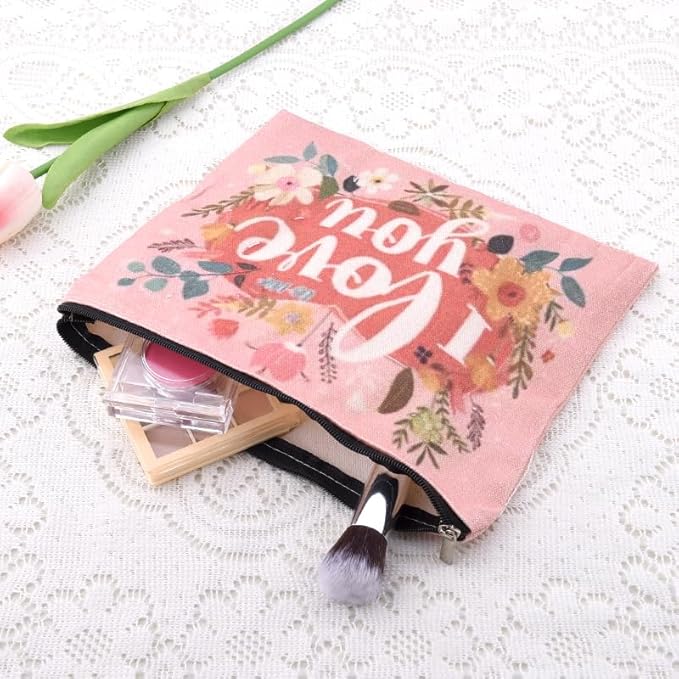 I Love You Gfts for Women Makeup Bag Valentines Day Canvas Cosmetic Bag Anniversary Toiletry Bags for Her Flower Travel Make Up Bag Pouch Birthday Gifts for Wife Girlfriend Fiancee Gf Graduation Gifts