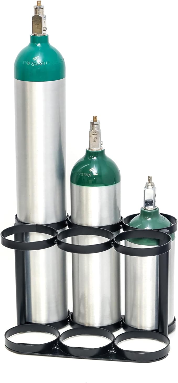 AireMed Oxygen Tank Holder – Holds (6) E, D or M9/C Size Tanks - Heavy-Duty Oxygen Cylinder Rack for Storage and Transportation – Floor Mountable Oxygen Rack – Stylish Black Frame - 4.5" Diameter