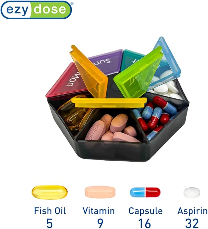 EZY DOSE Weekly Pill Organizer and Planner, Travel Pill Planner, 7-Sided, Rainbow Colors