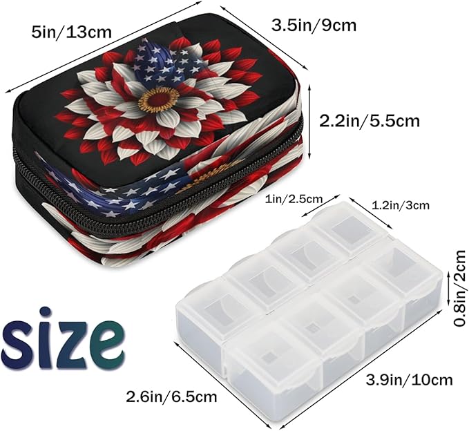 American Flag Daisy Flower Travel Pill Organizer Box Weekly Portable Pill Case Daily Pills 7 Day Small Birth Control Pills Container Removable Compartments for Medicine Vitamins Fish Oil