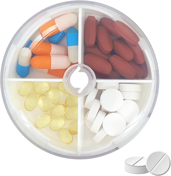 Pill Organizer Portable Travel Pill Box Round Rotatable Pill Case 4 Large Compartments Medicine Organizer for Vitamin Fish Oil Pills Supplements (White + Dark Bag)