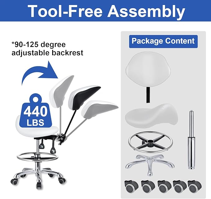 Saddle Stool with Adjustable Backrest and Footrest, Hydraulic Height Swivel Saddle Chair Ergonomic Rolling Stool with Wheels, Heavy Duty SaddleChair for Beauty Salon Spa Dentist tattooshop (White)