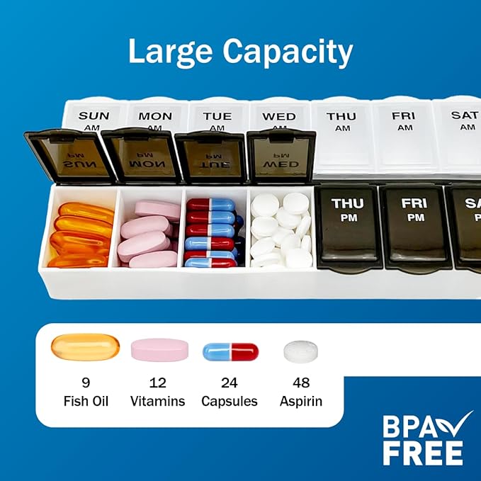Amazon Basic Care 7-Day AM/PM Pill Organizer, Vitamin Case, and Medicine Box with Large Capacity Compartments, 2 Times a Day, Black and Clear Lids (2-Pack)
