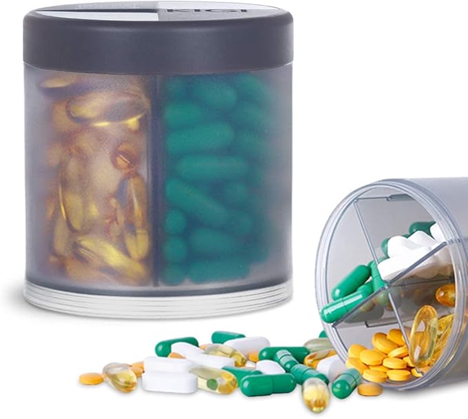 Extra Large Supplement Organizer with 4 Compartments Easy Open Pill Dispenser Monthly Medicine Vitamins Organizers Storage Pill Bottles, Gray