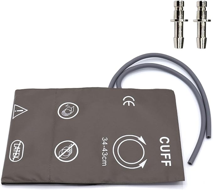 NIBP Cuff with BP12 Connectors for Large Adult, 34-43 cm Dual Tubes Reusable PU Brown Replacement Blood Pressure Cuff with Inner TPU Airbag