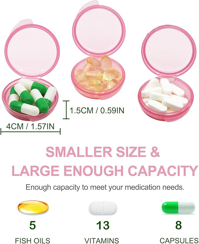 Pill Organizer for Pocket, Mini Pill Box for Pocket Purse, Portable Travel Pill Container, Small Secure Storage for Supplements & Daily Care (Pink 3 PCS)