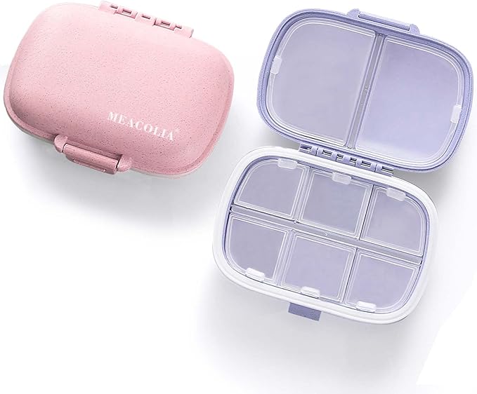 8 Compartments Travel Pill Organizer, Daily Pill Case Small Pill Box for Pocket Purse, Portable Pill Container Medicine Vitamin Organizer (Purple & Pink)
