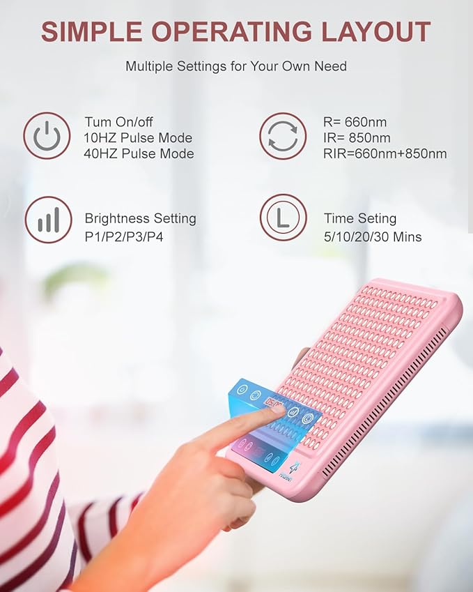 Red Light Therapy Panel, 225 Dual-Chip LEDs with 660nm Red & 850nm Near Infrared Light for Face, Skin, Sleep, Body Health, Portable Therapy Panel with Stand & Timer,Pink