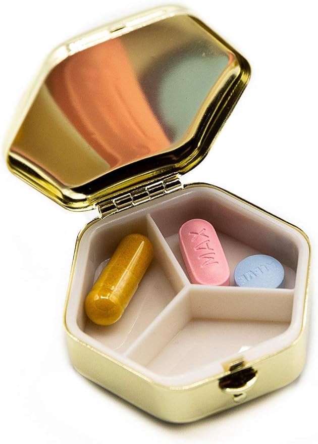Gold Octagon - Pocket Purse Portable Travel Pill Box & Medicine Organizer (3 Compartments)