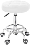 PU Leather Rolling Stool Height Adjustable Round Swivel Stools for Spa Salon Massage Work Chair with Foot Rest White