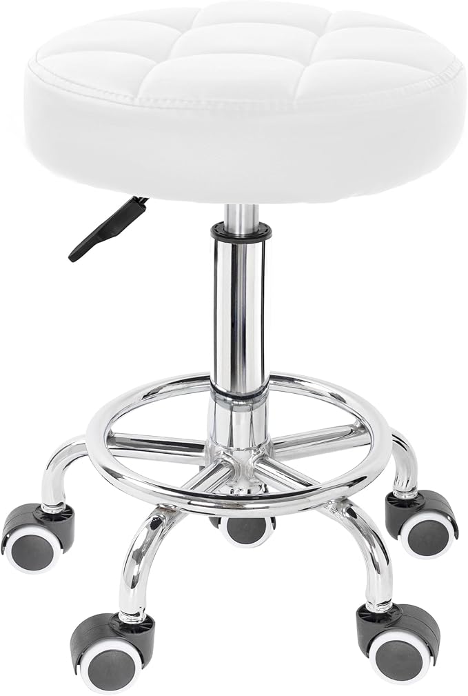 PU Leather Rolling Stool Height Adjustable Round Swivel Stools for Spa Salon Massage Work Chair with Foot Rest White