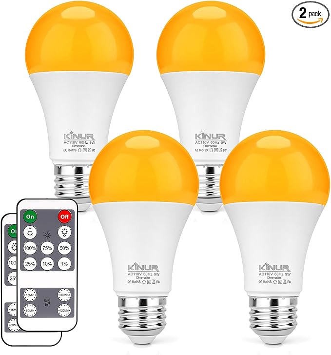 KINUR Amber Sleep Light Bulbs, 1600K, Blue Light Blocking A19, 9W Night Light for, Livingroom, Bedroom, Bathroom, Hallway, Stairs, Kitchen,4 Pack with 2 Remote Control