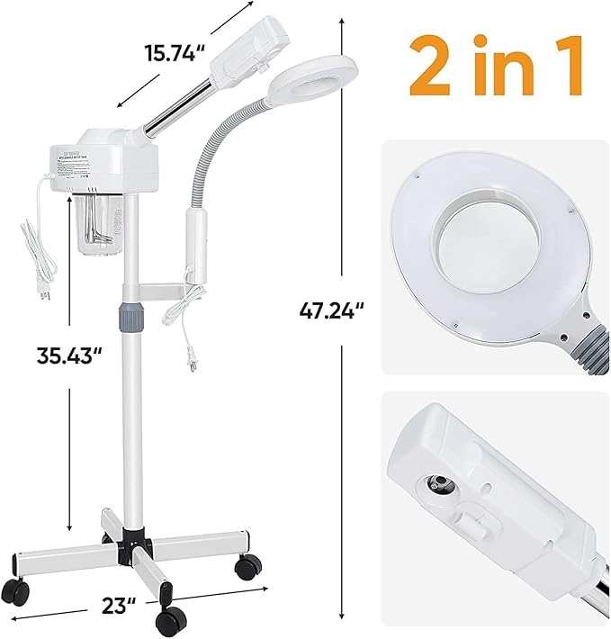 2 in 1 Facial Steamer Professional Nano Ionic Face Deep Cleansing Hydration with 5X Magnifying LED Lamp & Rolling Wheels, High Frequency, Portable Home Spa Salon Beauty Skin Care Equipment