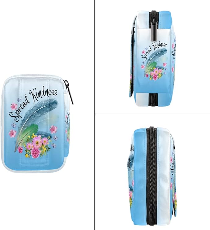 Blue Feather Flower Pill Case Travel Pill Organizer Weekly 7 Day Portable with Zipper Medicine Box Pill Case for Vitamins, Birth Control,Fish Oils,Medication, Supplements