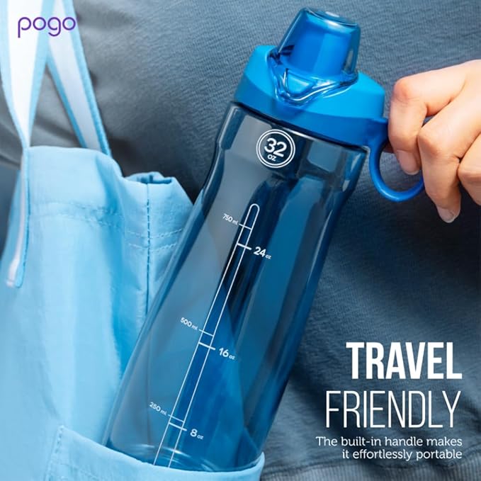 Pogo Plastic Water Bottle with Straw Lid and Carry Handle, Reusable, BPA Free, Dishwasher Safe, Perfect for Travel, School, Outdoors, and Gym | 32oz, 40oz