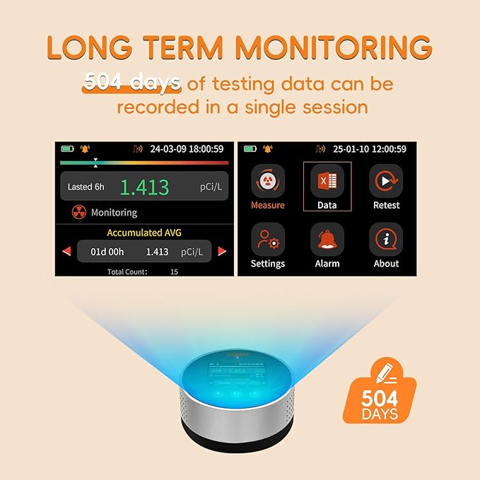 Radon Detector Home Test Kit | Continuous Radon Gas Monitoring | Daily Data Logs | Alarm at EPA Limit = 4pCi/L