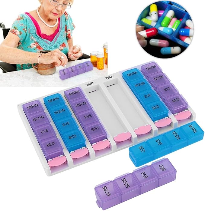 7 Days, Organiser, 7 Days 4 Times a Day 28 Compartments Organizer with Push Button (Blue)