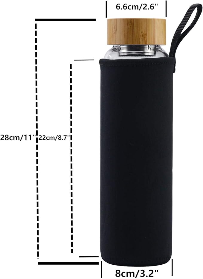sunkey Glass Water Bottle 32 oz Wide Mouth with Sleeve Bamboo Lid Motivational Water Bottle With Time Marker Reusable Safe for Hot Cold Drinks Bpa Free (Black)
