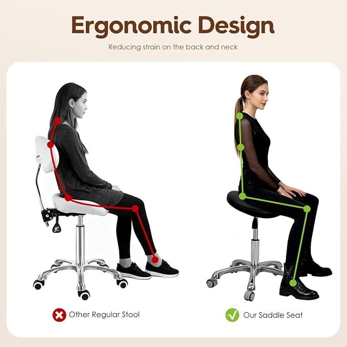 Saddle Stool Rolling Chair for Medical Massage Salon Kitchen Spa Drafting,Adjustable Hydraulic Stool with Wheels (Black, Without Backrest)