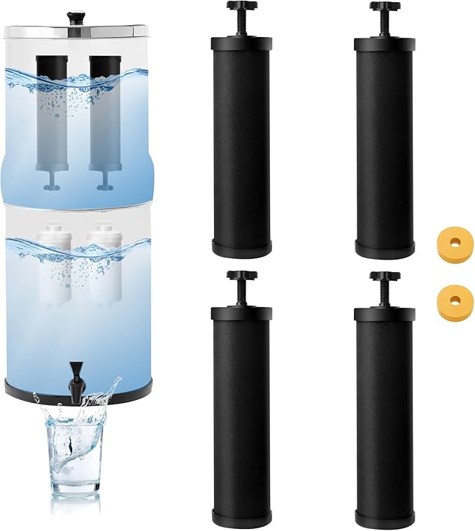 Gravity Water Filter Replacement,for Berkey® Black Carbon (BB9-2®) Purification Elements and Fluoride Filters K5366 (PF-2®) Combo Pack (4, Black Filter)