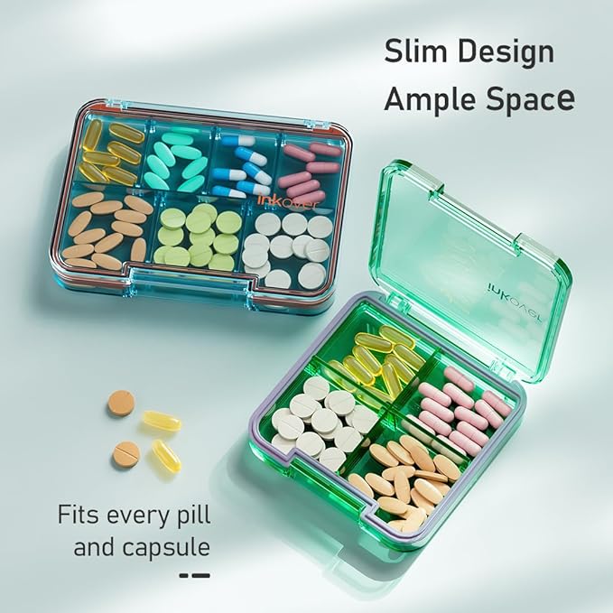 Small Pill Organizer, Waterproof & Portable Pill Case for Daily Travel - Adjustable 4 Compartments Compact Medicine Holder for Vitamins, Pills, Perfect for Purse or Pocket (Blue)
