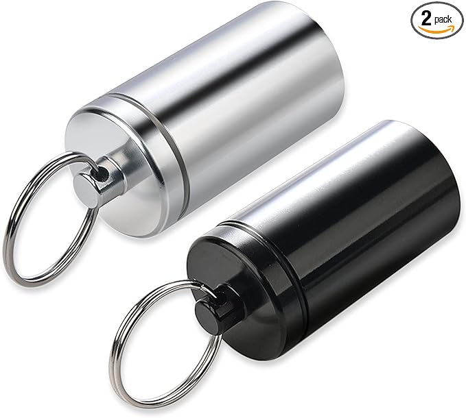 Portable Pill Holder Keychain,Aluminium Alloy Waterproof Pill Box Container for Purse Pocket,Small Daily Pill Case for Outdoor Travel Camping-2PCS