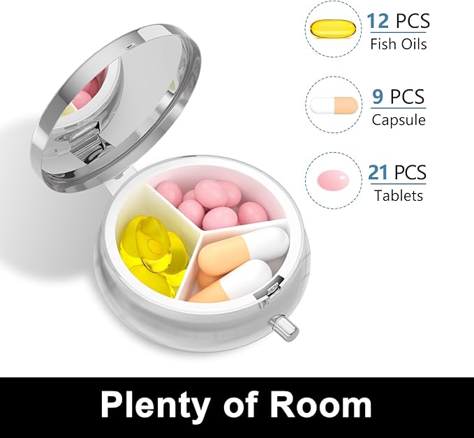 Rouidr Pill Box, 3 Compartment Medicine Pill Case, Small Metal Travel Medicine Box for Purse & Pocket, Silver, Colorful Ink Marble