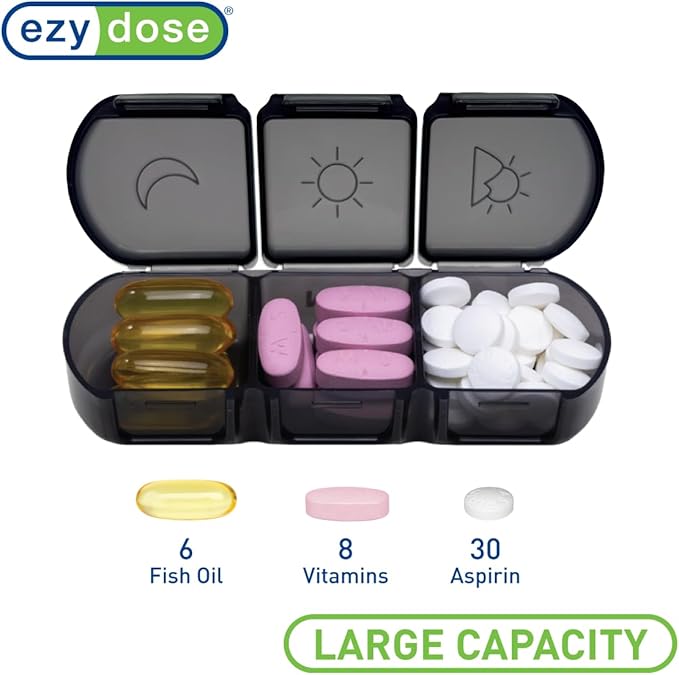 Ezy Dose Weekly (7-Day) Daily Medtime Pill Organizer Case, Vitamin Planner and Medicine Container, Removable Large Pop-Out Individual Compartments, 3 Times a Day, Travel Friendly Black, BPA Free