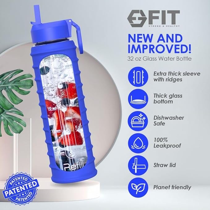 FIT Strong & Healthy 32 oz Glass Water Bottle with Straw Lid - Wide Mouth Borosilicate Glass Water Bottles with Time Marker, Silicone Sleeve & Extra Lid - 1L Large Motivational Drinking Bottle