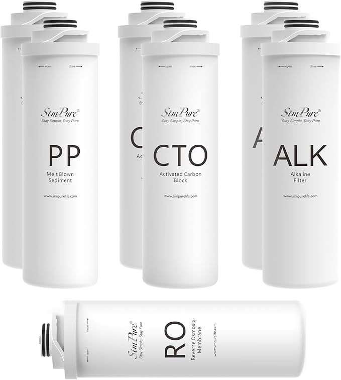 SimPure T1 Series 1-Year Replacement Filter Cartridge Pack Set for Model T1-400ALK Tankless Reverse Osmosis Water Filter System (2*PP + 2*CTO + 1*RO + 2*ALK)