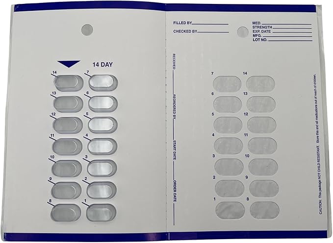 2 Week/ 14 Day Cold Seal Medication Pill Blister Cards, Disposable Easy to Use Unit Dose Pill Organizer for Summer Camps, Nursing Homes, Weekend Getaways and Caregivers (12 Pack)