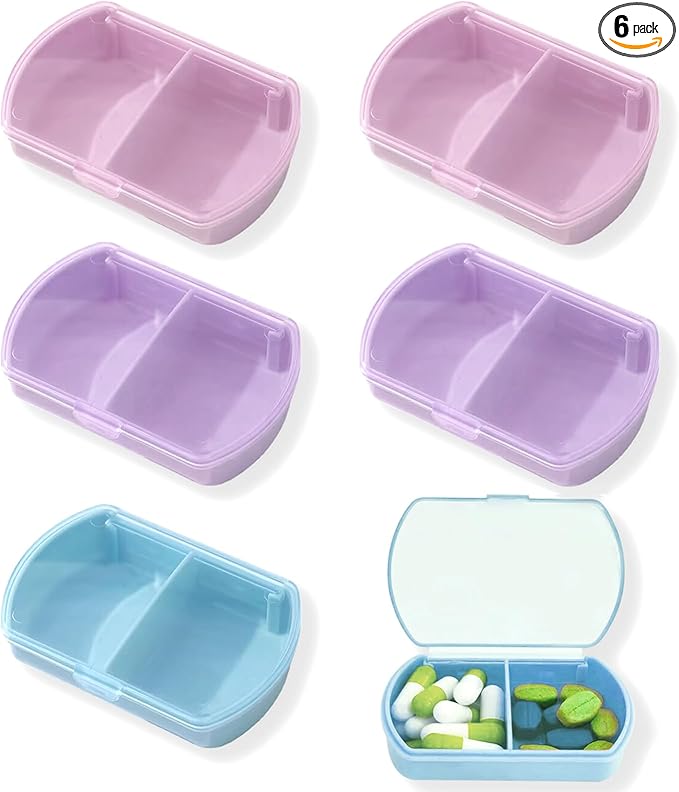 6PCS Small Pill Case Travel Pill Box Cute Pill Organizer for Purse Portable Daily Medicine Organizer 2 Compartment Pill Holder for Vitamins, Fish Oil, Supplements