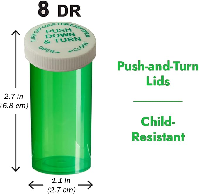 8 Dram Push Down and Turn Vials Green Medicine Vials for Pharmacy 410 Pcs Empty Pill Bottles, Mini Pill Organizer Containers Child-Resistant Small Travel Pill Dispenser for Bulk Use