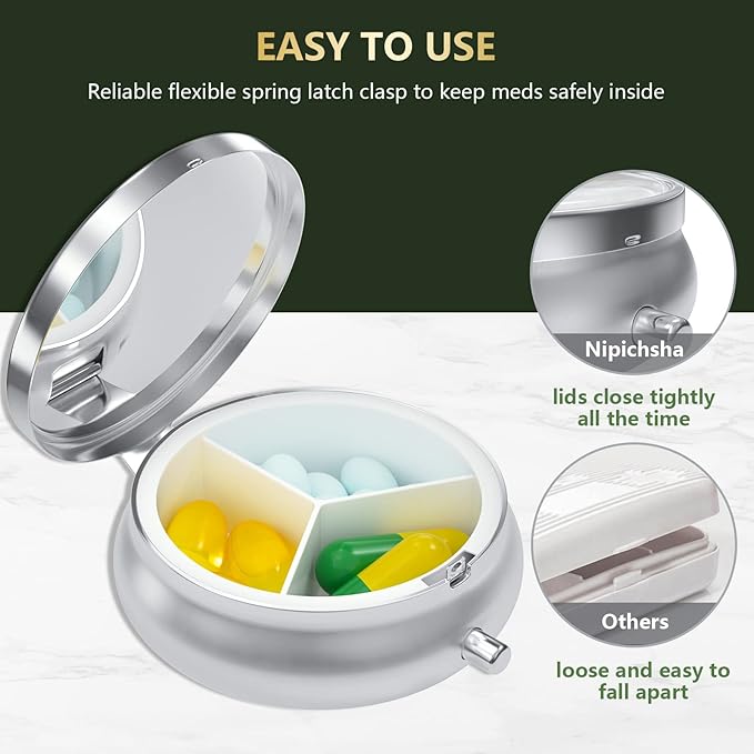 Nipichsha Pill Box, Small Pill Case for Purse & Pocket, Cute Travel Medicine Organizer, Portable Medicine Container Holder to Hold Vitamins, Medication, Fish Oil & Supplement, White Marble