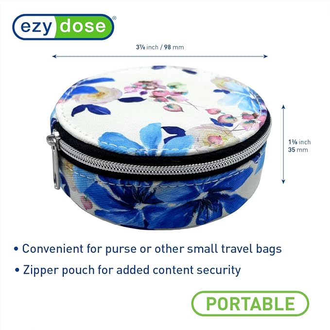 EZY DOSE Travel Pill Organizer with Built-in Mirror, Features Zippered Flower Case, Compact and Portable Medication Case for Daily Vitamins, Pills, and Medicine, Ideal for Travel and On-The-Go Use