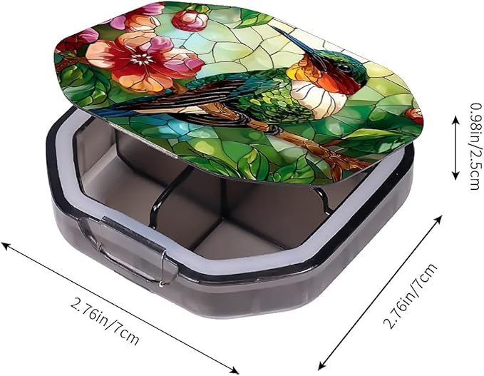This Portable Vintage Stained Glass Hummingbird Pattern 4-Compartment Pillbox Can Be Placed in A Pocket Or Wallet to Store Vitamins, Medicines Fish Oil Health Supplements Other Medications.