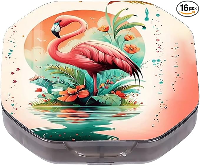 This Portable Flamingo Flower Pattern 4 Compartment Pill Box Can Be Placed in A Pocket Or Wallet to Store Vitamins, Medicines Health Supplements Other Medications.