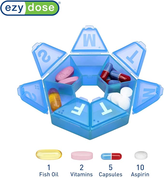 EZY DOSE Weekly (7-Day) Pill Case, Medicine Planner, Vitamin Organizer Box, Travel Pill Planner, Portable Storage, 7-Sided, Color May Vary, BPA Free
