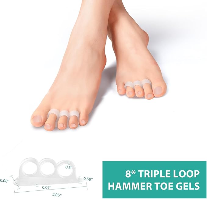 Welnove Hammer Toe Straightener Toe Corrector for Women - 8 Pcs Hammer Toe Cushion Pads for Bent, Crooked, Curled, Claw, and Hammer Toes - Soft Support and Realignment(Clear, 3 Loop Design)