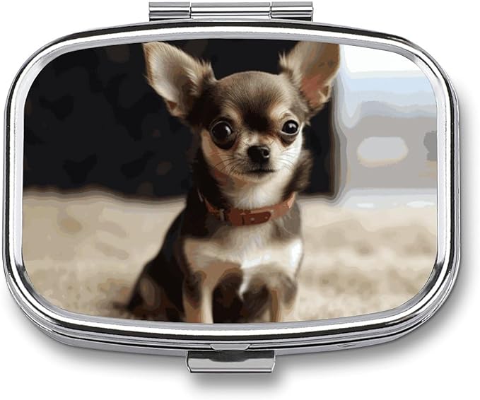 Cute Chihuahua Square Pill Box Travel Portable Pill Case 2 Compartment Medicine Metal Tablet Vitamin Holder Organizer for Purse Pocket