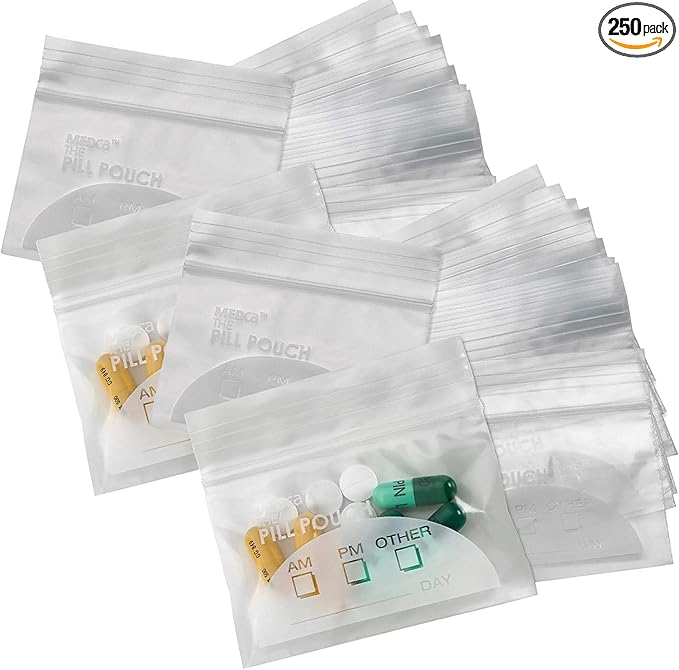 Pill Pouch Bags - (Pack of 250) 3" x 2.75" - BPA Free, Poly Bag Disposable Zipper Pills Baggies, Daily AM PM Travel Medicine Organizer Storage Pouches, Best Clear Reusable with Write-on Labels