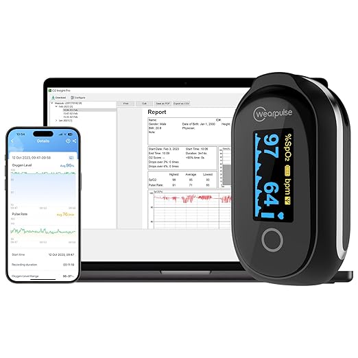 Rechargeable Pulse Oximeter Fingertip, Bluetooth Blood Oxygen Saturation and Pulse Rate Monitor with App, 8 * 10 Hours Built-in Memory Pulse ox, Continuous O2 Sat Meter with Smart Beep
