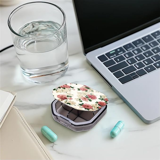 This Portable Vintage Rose Floral Pattern 4-Compartment Pillbox Can Be Placed in A Pocket Or Wallet to Store Vitamins, Medicines Fish Oil Health Supplements Other Medications.