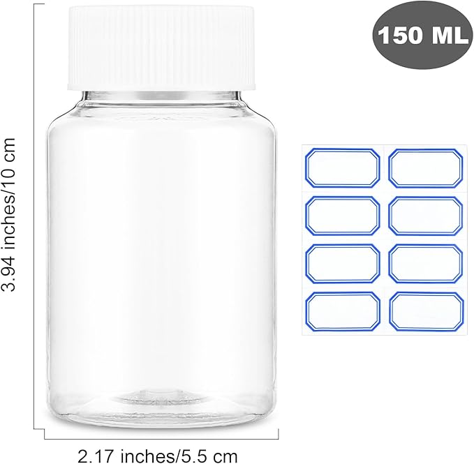 4Pcs Clear Pill Bottle, 150ml Empty Clear Plastic Pill Bottles Medicine Bottle Empty Reagent Bottle Chemical Containers with Caps for Liquid Solid Powder