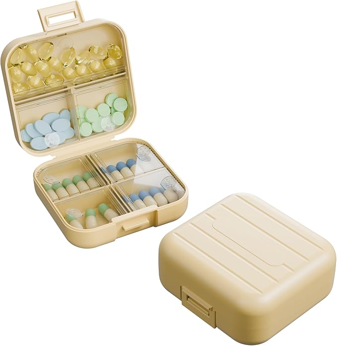 Small Travel Pill Box, Double Layer 7-Compartments Pill Organizer, 3.1" x 3.1" x 1.4" Portable Weekly Pill Case Container for Pocket, 7 Day Compact Medicine Holder for Vitamins, Fish Oils Yellow