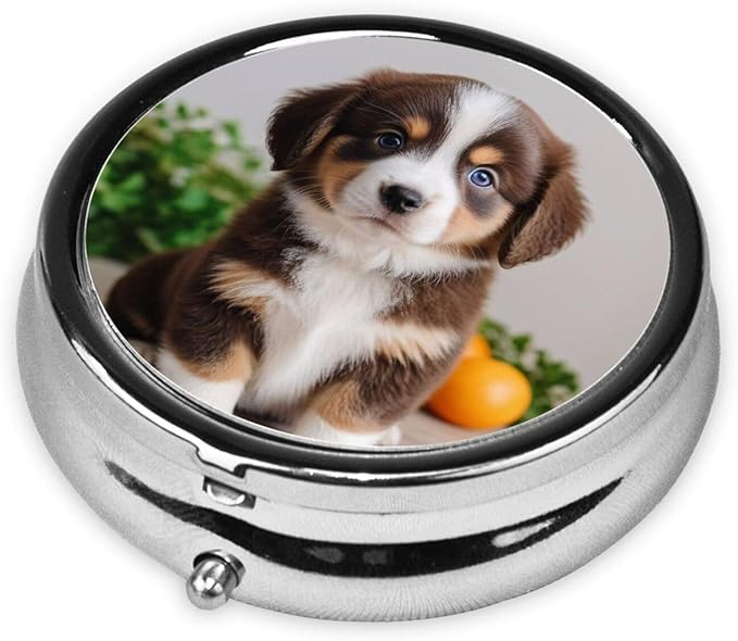 ZhongGuo Cute Dog Printed Pill Organizer,Round Travel Pill Organizer Mini Medicine Pill Box for Purse Iron Plating