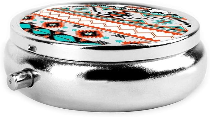 Travel Pill Organizer Large Portable Indiana Western Southwest Tribal Ethnic Aztec Geometric, 3 Compartment Round Pill Box with Mirror, Travel Case Pill Holder for Vitamin Medicine