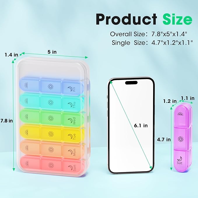 3 Times a Day Pill Organizer - 7 Day Portable Weekly Pill Box, Travel Pill Case with Snap-Locked Compartments, BPA-Free for Vitamins & Medication(Clear)